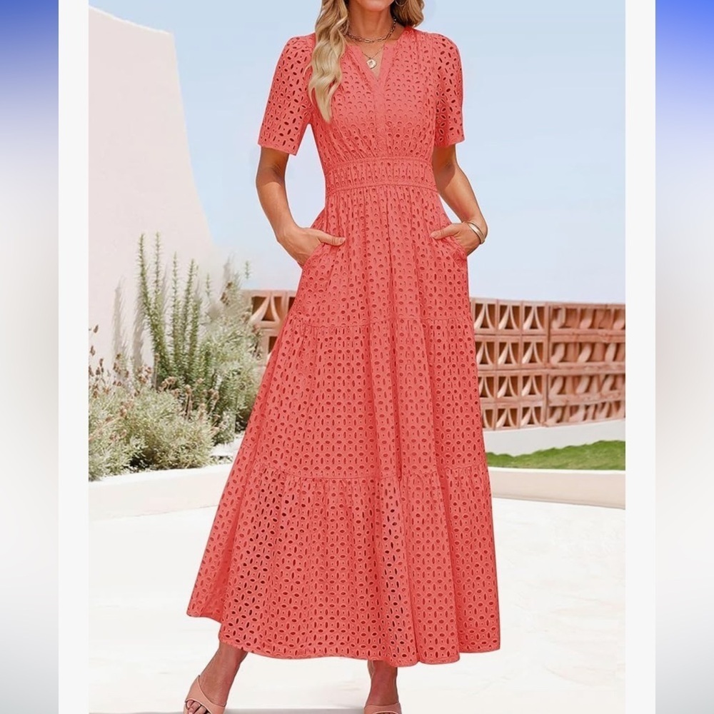 Elegant Coral Lace Maxi Dress